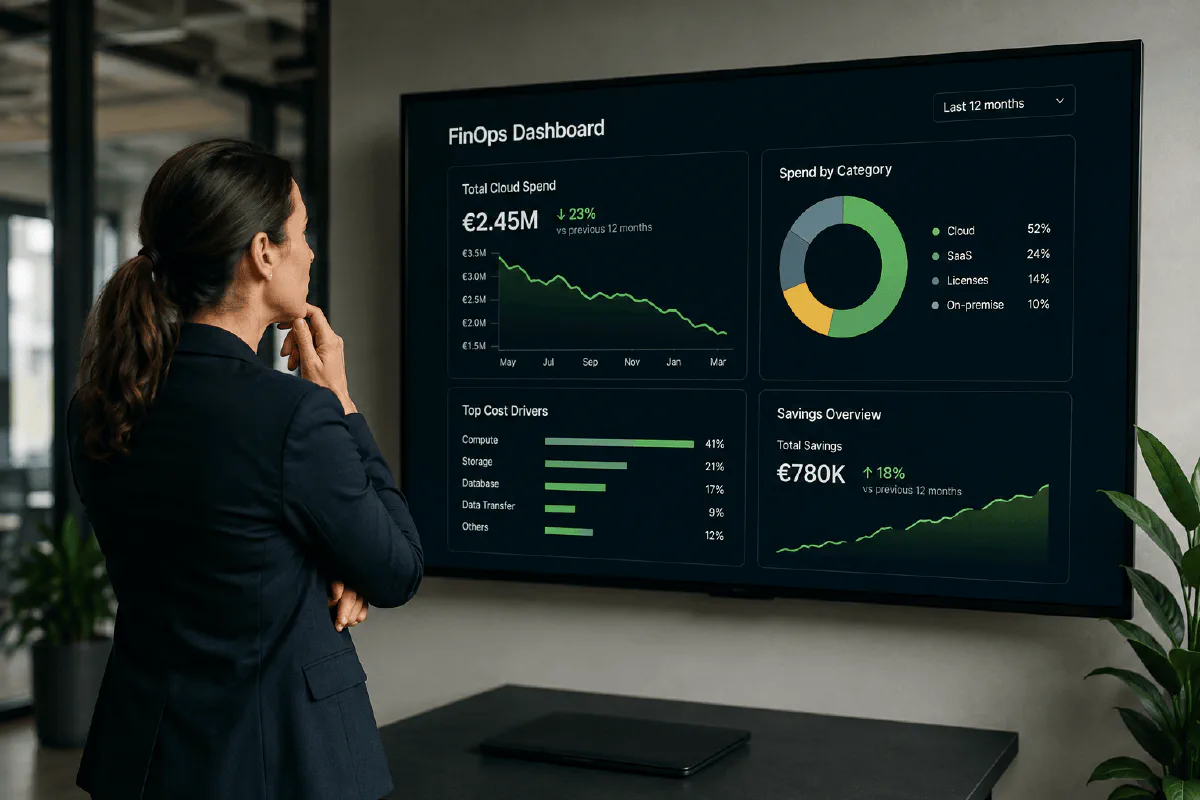 Voorstel: FinOps-dashboard met dalende kostentrend op scherm