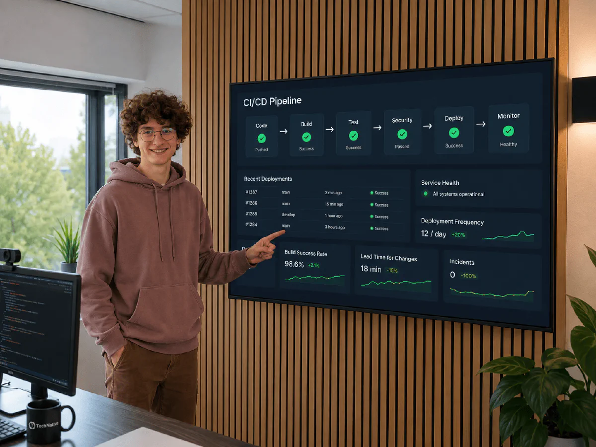 Voorstel: engineer met CI/CD-pipeline en AWS-console op twee schermen