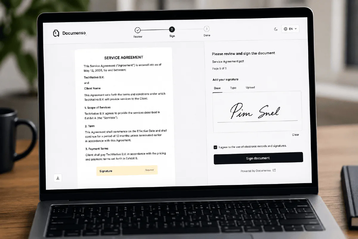 Voorstel: Documenso-ondertekenflow op scherm met contract