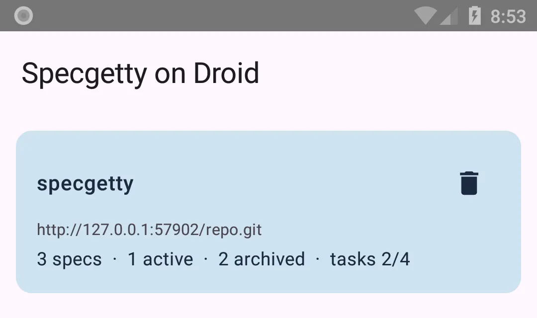 De lijst met repositories in de app. Een rij voor het project specgetty, met de clone-URL eronder. Daaronder de telling van specs, changes en openstaande taken